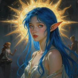 stunning, breathtaking, awe-inspiring award-winning concept art nouveau painting of attractive Asian elf nymph with blue hair and pointy elf ears, as the elf goddess of the sun, with anxious, piercing eyes, by Alphonse Mucha, Michael Whelan, William Adolphe Bouguereau, John Williams Waterhouse, and Donato Giancola, cyberpunk, extremely moody lighting, glowing light and shadow, atmospheric, cinematic, 8K