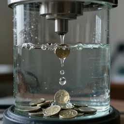 a drop of water entering a glass machine and spitting a coin, biomorphic, unreal,