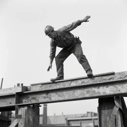 Construction worker dangerously balancing on beam, 1920, black and white photo.