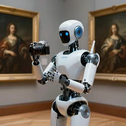 a professional photo of a futuristic cool beautiful robot holding a camera in a museum full of classical oil paintings.