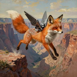 a beautiful painting of a Mecha fox jumping over a canyon. Trending on artstation. By Michelangelo and Leonardo Da Vinci. 8k. 4k. Detailed masterpiece. Striking visuals.