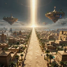 ' ancient egypt city road with floating islands near the town, high - tech space cult, dramatic lighting, epic, octane render, volumetric light, unreal engine, artbreeder, 8 k, background, scene, digital, artwork, high quality, 8 k''