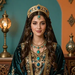 a gorgeous stunning awe-inspiring portrait of a goddess in traditional Armenian attire, wearing highly detailed pieces of jewelry and ornaments, photorealistic portrait by Da Vinci and Picasso, beautiful face, beautiful portrait lighting, teal and orange colored background with traditional lampstands and furniture, artstation, smooth