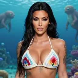 tattooed Kim Kardashian posing in a creative crochet bikini, atlantis in the background, one eye wink, highly detailed face, realistic face, beautiful detailed eyes, fantasy art, in the style of greg rutkowski, illustration, epic, fantasy, intricate, hyper detailed, artstation, concept art, smooth, sharp focus, ray tracing, vibrant,