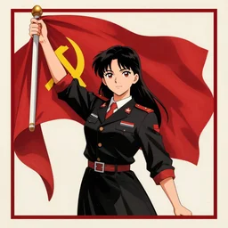Anime girl holding Revolutionary flag, 1940s Soviet Propaganda style, red and black, poster