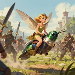 fairy riding an armored hummingbird into battle, by greg rutkowski and anna podedworna, artstation trending