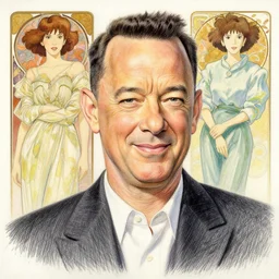 tom hanks smirk, colored pencil portrait painting by richard schmid, thomas moran, studio ghibli, loish, alphonse mucha, fashion photography