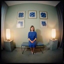 kodak portra 4 0 0, wetplate, 8 mm extreme fisheye, award - winning colour portrait by britt marling : a 1 9 6 0 s room, blueberry, square square picture frames, haze, concrete, shining lamps, 1 9 6 0 s metal furniture, smoke, fog, no people