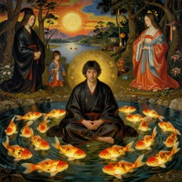 man sitting in a pond full of glowing kobe fish, by ambrosius benson, by fernando botero, a touch of giuseppe arcimboldo, realistic, renaissance, epic composition, japanese ceremony, lush and warm, winter, japan