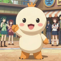the extreme anime mascot of the anime - land theme park, posing with anime cosplayers inside the anime - town attraction