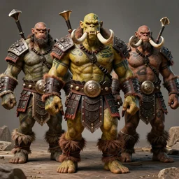 hyper realistic group vintage photograph of a warrior orc tribe, tall, muscular, hulk like physique, sharp fangs and tusks, big arms, big hands, big feet, armored, tribal paint, highly detailed