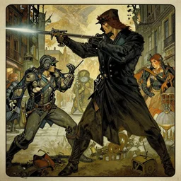 extremely detailed wimmelbilder of westworld by alphonse mucha dark murder fighting weapons streets