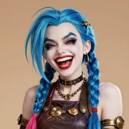 jinx : harley quinn braids, double long braids blue, no makeup, tane skin, blue hairs, insane crazy laugh, brown steampunk big solid metall welding goggles, portrait shinkai makoto artgerm rossdraws james jean marc simonetti highly detailed intricate matte sharp focus digital painting artstation pixiv