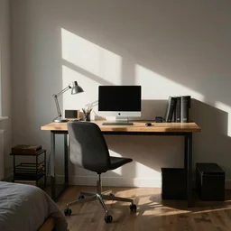 photograph of slightly messy bedroom office