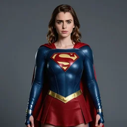 a potrait of Lily Collins as Supergirl with man of steel suit style and full armour by Zack Snyder , 8k photorealistic, cinematic lighting, HD, high details, dramatic, trending on artstation, full body shot