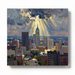 an oil painting of a city landscape, made by bob ross