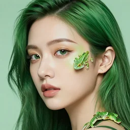 close kodachrome photograph face of beautiful girl with green hair and lizard skin, studio lighting