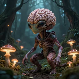 a weird alien creature made entirely out of brains. Highly detailed. 8k. Fantasy horror. Located in a magical forest with glowing mushrooms