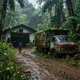 heavy rain, the last of us : part 2 style, a forgotten car warehouse in the tropical rain forest, a potholed mud road, a rusty truck parked outside, all covered by vegetation. by sergey vasnev and jan urschel, matte painting, real lighting, ponding