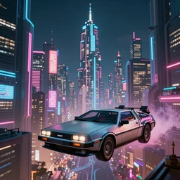 point perspective, neon city future, ultrarealistic, sharp, delorean hovers in the foreground.