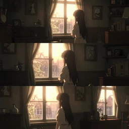 3 panel scene, girl looks out the window inside a cozy room - dramatic cozy arts by wlop and okuda genso. wide angle lens. featured on pixiv, anime aesthetic. pixiv, warm aesthetic, rays of light, volumetric light, artstation, vanitas, official art, gothic, noise film photo. octane render, redshift render, ue 4