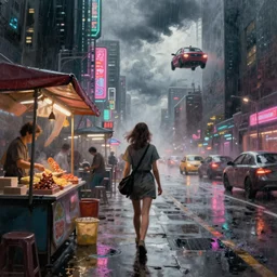 a girl walking through a futuristic new york city, cyberpunk, street vendors, fog, neon lights, flying cars, storm clouds, rain, oil painting, by george bellows