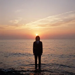 japanese man with long hair in a suit standing in the ocean facing the camera, wide shot, far away, zoomed out, sunset, album cover, 1980, tatsuro yamashita, ride on time