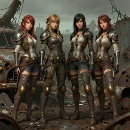 group of 4 beautiful scavenger girls in a junkyard, steampunk, gritty, dirty, rusty, high fantasy, detailed faces, sharp focus, high detail, smooth, digital illustration, by rossdraws, artstation