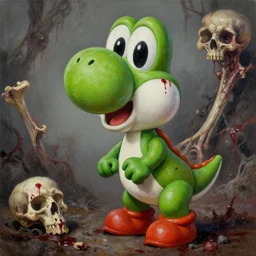 zombie yoshi, gritty, veins, blood, bone, horror oil painting masterpiece, very detailed, intricate, trending on artstation