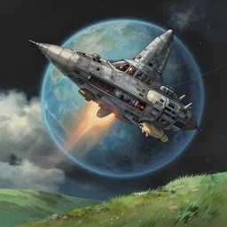 a spaceship crashed into a foreign planet, in the style of studio ghibli