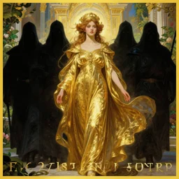 a girl emperor being escorted by shadow guards wears long golden flowing robes, an ostentatious palace and garden are seen in the background. by jeremy mann and alphonse mucha, fantasy art, photo realistic, dynamic lighting, artstation, poster, volumetric lighting, very detailed anatomy and faces, 4 k, award winning
