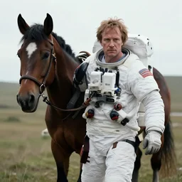 extremely realistic cinematic shot of an astronaut carrying a horse by denis villeneuve