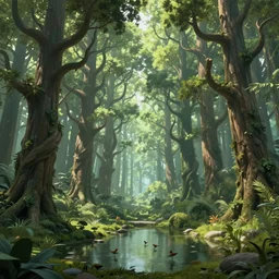 looking straight on forest with twisting fantasy tress  and pond with birds, Digital Matte Illustration by rob Gonsalves