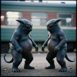 a lomography photo of rumble between two chthonic aliens in soviet train this morning, bokeh,
