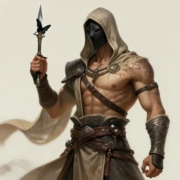 masked male assassin holding a starnife by wlop, wuxia, xianxia, weathered skin, athletic, desert robe, leather armor, starknife, pathfinder, desna, black butterfly, detailed, realistic, anatomically accurate, fantasy illustration, artstation, wlop, wang liang.