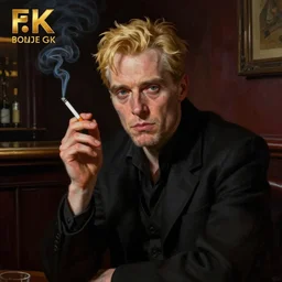 matte painting character illustration of john constantine sitting down in a shadowed corner of the room at a bar in london smoking a cigarette, digital painting, illustration, john singer sargent, gothic, amazing values, 8 k, symmetrical face details, realistic face details, realistically rendered face, realistic eyes, moody lighting, blonde british man