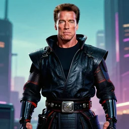 schwarzenegger as cyberpunk samurai, 1 9 8 0 s movie still frame, art by ridley scott