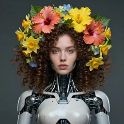 a beautiful fine art portrait photo of a robot female cyborg, spread out curly hair covered by hibiscus, daffodils, hydrangea, montsera leaves by tom bagshaw and zach sutton, very detailed, bionic, cybernetic scifi, artstation, 8 k