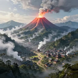 a powerful japanese village high in mountains, fanart artstation global illumination rtx hdr fanart arstation 3 d, volcano, mystical power steam, concept art by greg rutkowski and laurie greasley, fantastic landscape, 8 k, cinematic color grading