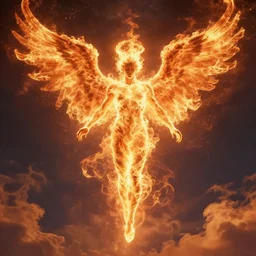 photo of angelic fiery male seraphim, male humanoid figure made of fire, wings of fire, halo of fire, body of pure fire, surreal, ethereal, divine, surrounded by flames, descending from the heavens, cinematic, dramatic, sublime, wide angle, photographic, realistic, 8 5 mm lens