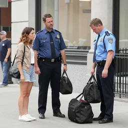 tall, security guard checks the bags of a worried looking couple, man and woman, art in the style of the new yorker