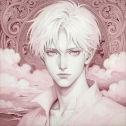 young vampire  Portrait by Miho Hirano, manga, realistic, detailed, white, light pink tonalities, beautiful collage technique including clouds, sea, wind, ornate sea background, beautiful Fantasy detailed trending on artstation, oil painting,Dramatic lighting, eterea , high quality print, fine art with subtle redshift rendering