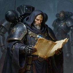painting of a cloaked tech priest reading old scriptures about long lost forgotten knowledge, adeptus mechanicus, cybernetic enhancements, zdzislaw beksinski, lewis jones, dariusz zawadzki, wayne barlow, warhammer 4 0 k, cold hue's, concept art, digital painting