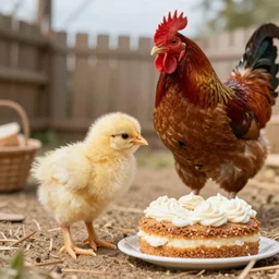 barnyard with small fluffy yellow newly hatched Chick with Rhode island red rooster giving a small birthday cake, 8k