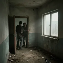 a small long room the room is dirty in the right side there is a window you can't see anything because there's a fog in the right window in the left side there is a door in the other side of the door they are a couple of zombies getting the door the door is almost broken because of the zombies zombie apocalypse style