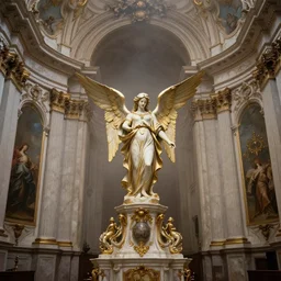 a beautiful rococo chapel, in the center is a marble and gold statue of an angel with wings, symettrical composition, intricate oil painting, ethereal, misty, dramatic lighting, amazing depth, 8 k, by jeremy mann