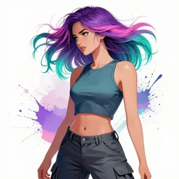 a award winning half body portrait of a beautiful woman in a croptop and cargo pants with ombre purple pink teal hairstyle with head in motion and hair flying by artgerm, paint splashes, splatter, outrun, vaporware, shaded flat illustration, digital art, trending on artstation, highly detailed, fine detail, intricate