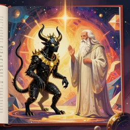 story creative figurative book illustration, mystic black golden golem and prophet elder, in geometric elemental environment, high detail, vibrant colors, by sija hong, yoshitaka amano, bastien deharme, james jean, masterpiece, sharp focus, cinematic lightning