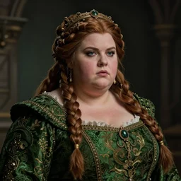 Portrait | chubby female dwarven noblewoman | brocade moss green dress | complex adorned braided hair | style by greg rutkowski, larry elmore, giotto dramatic light | high detail | cinematic lighting | artstation | broad fat woman| bold serious expression | dungeons and dragons |