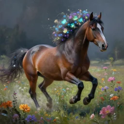 a stunning digital painting of a horse with a mane of bioluminescent flowers running through a field of flowers by greg rutkowski, flowerpunk, volumetric light, digital art, fine detail, photorealistic